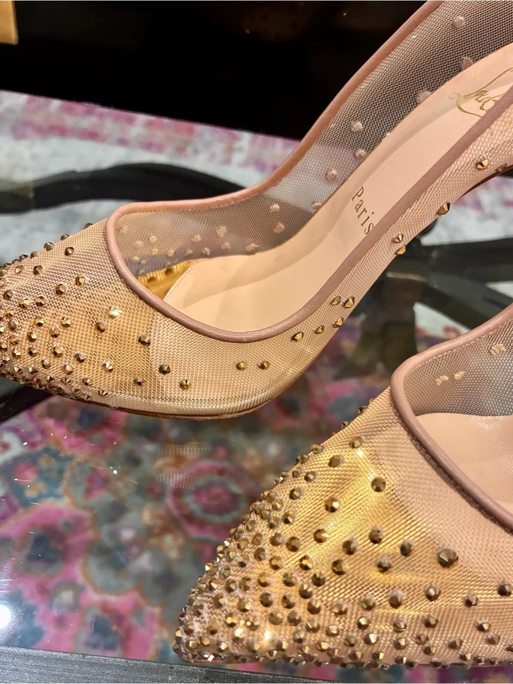 Christian Louboutin Sheer Gold Mesh Crystal-Embellished Pointed Pumps
